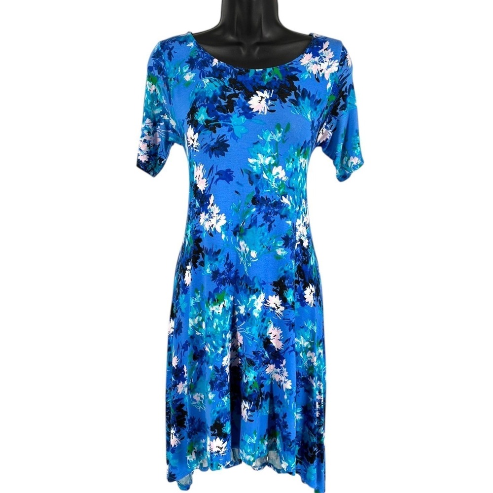 Blue Floral Midi Swing Dress XXS Short Sleeve Stretch Floral Cottagecore NWTv